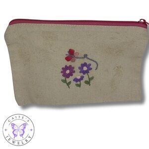 Handmade Embroidered Natural Butterfly and Flower Makeup Bag